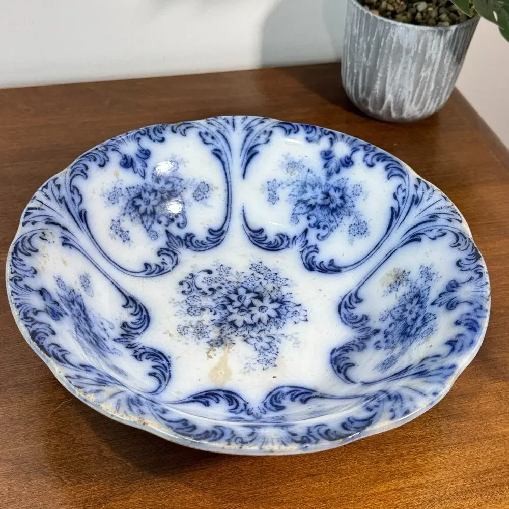 Antique Libertas Prussia Cobalt Flow Blue Serving Bowl Flower Scalloped White